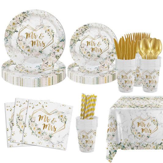 MEHOFOND 193 pcs White Wedding Party Decorations, Mr and Mrs Paper Plates Cup and Nakpins Set, Floral Wedding Disposable Dinnerware with Tablecloth, Bridal Shower Disposable Party Supplies, 24 Guests