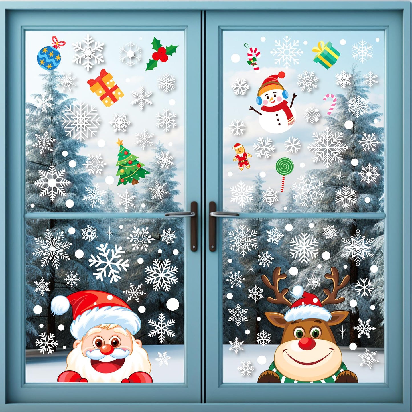 AOWDIAO Christmas Window Clings - 145 Pcs Xmas Glass Stickers, Santa, Snowflakes, Reindeer, Snowman - Winter Holiday Window Decorations for Festive Spirit