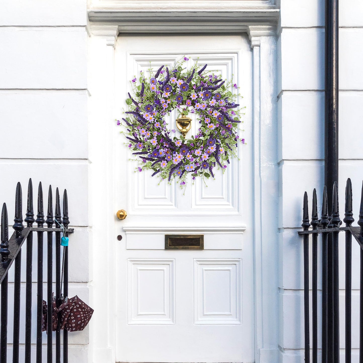 Sggvecsy Purple Daisy Wreath 24 Inch Spring Summer Wreath with Fake Silk Floral Green Eucalyptus Leaves and Lavender for Front Door Window Wall Wedding Farmhouse Festival Decor