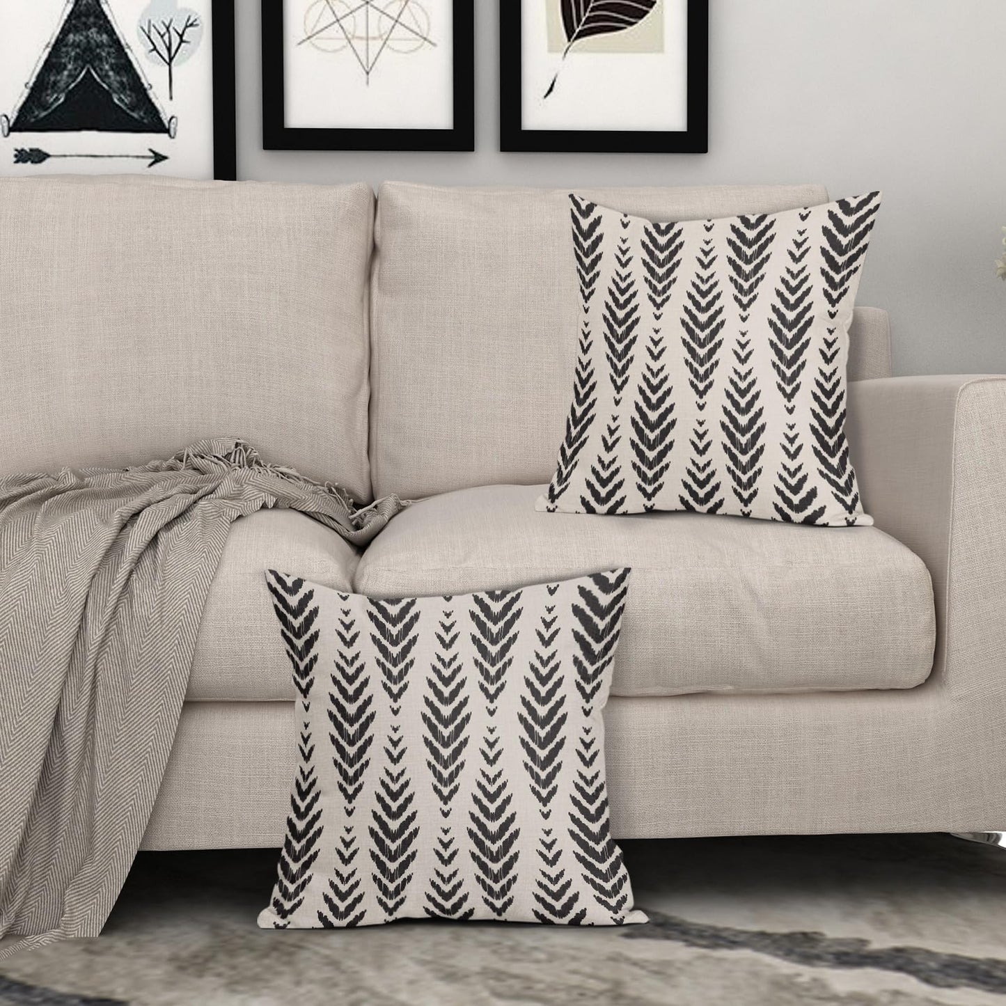 Sweetshow Boho Pillow Covers 18x18 Set of 2 Bohemian Ethnic Black Geometric Herringbone Print Decorative Throw Pillows Outdoor Pillowcase Square Linen Farmhouse Cushion Case Decor for Couch Sofa Bed