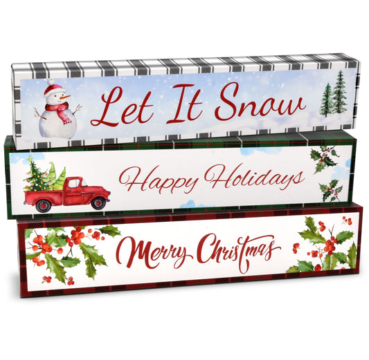 Gift Boutique - Christmas Table Decorations Set of 3 Table Topper Centerpiece for Desk, Shelf, Mantle, Home, Party Decor Snowman Winter Merry Christmas Happy Holidays Let it Snow Design