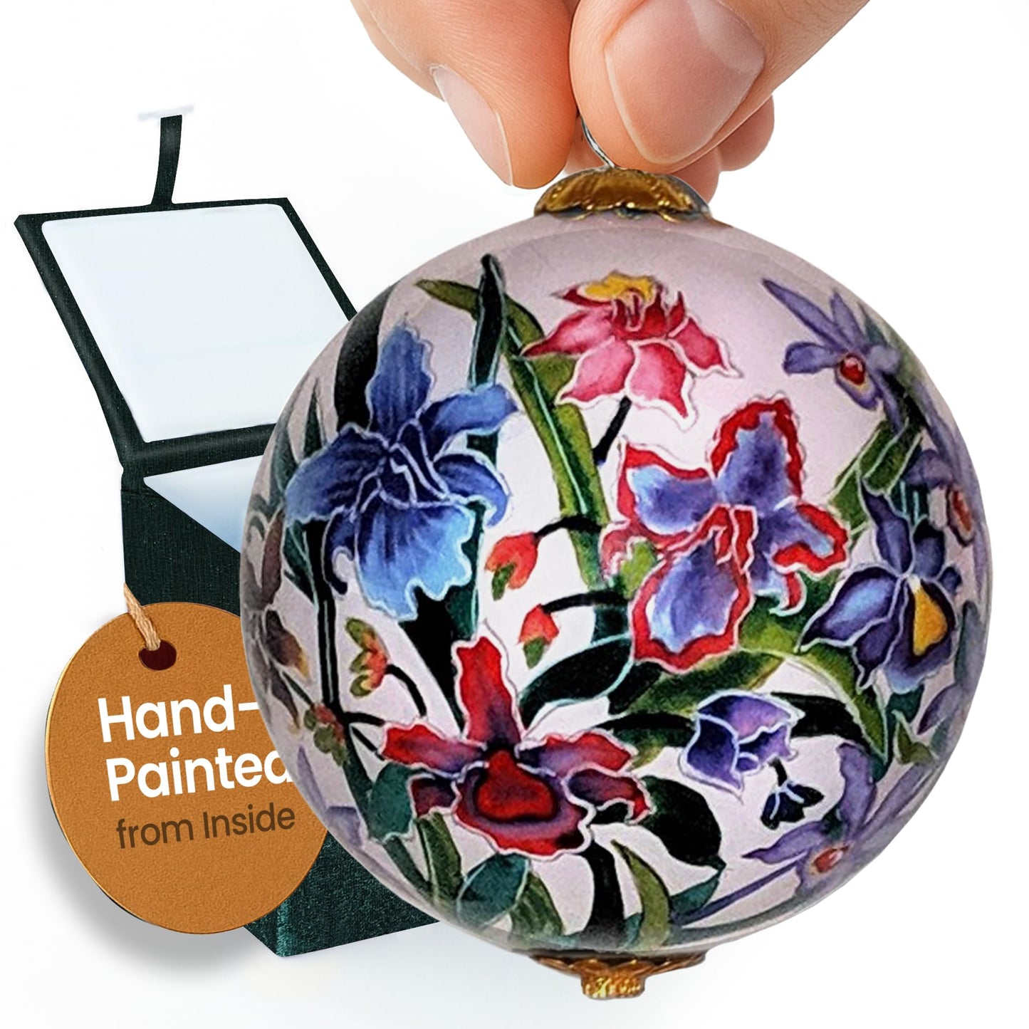 Collectible Hawaiian Orchids Ornament Hand-Painted Glass with Protective Gift Box POR/M