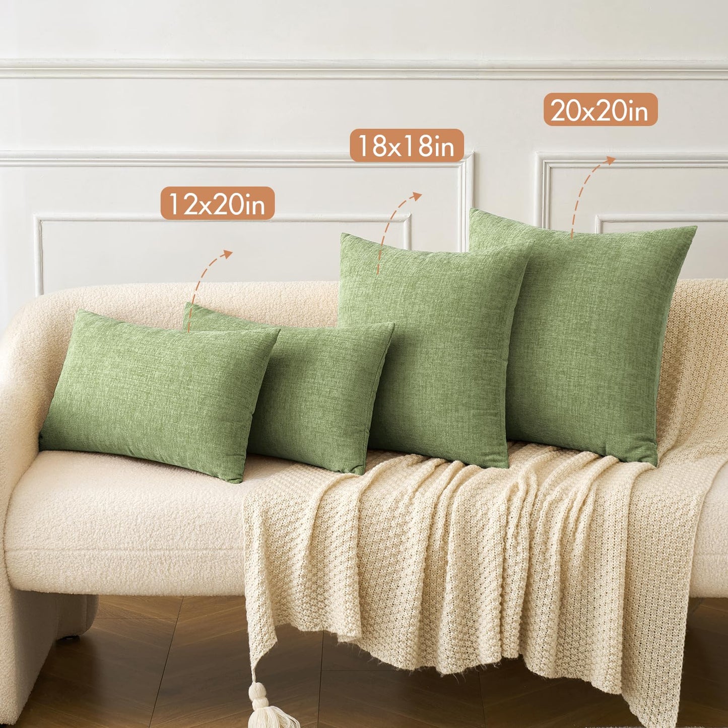 MIULEE Pack of 2 Couch Throw Pillow Covers 18x18 Inch Spring Soft Sage Green Chenille Pillow Covers for Sofa Living Room Solid Dyed Pillow Cases