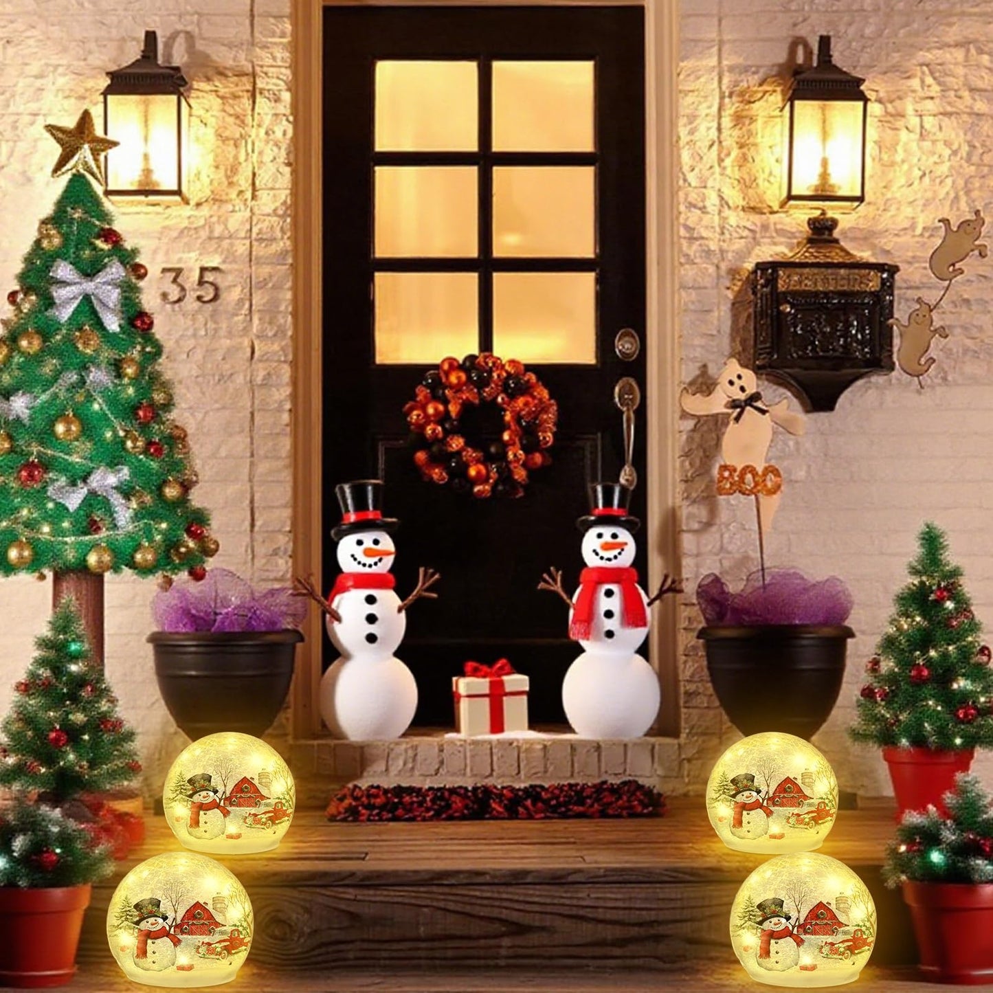 Tujoe 2 Pcs Christmas Decorations Indoor Snowman Crackle Glass Globe 4" Ball Lamp Night Lights with LED Timer Battery Operated Lighted Christmas Table Decorations for Home Centerpiece Party Gift