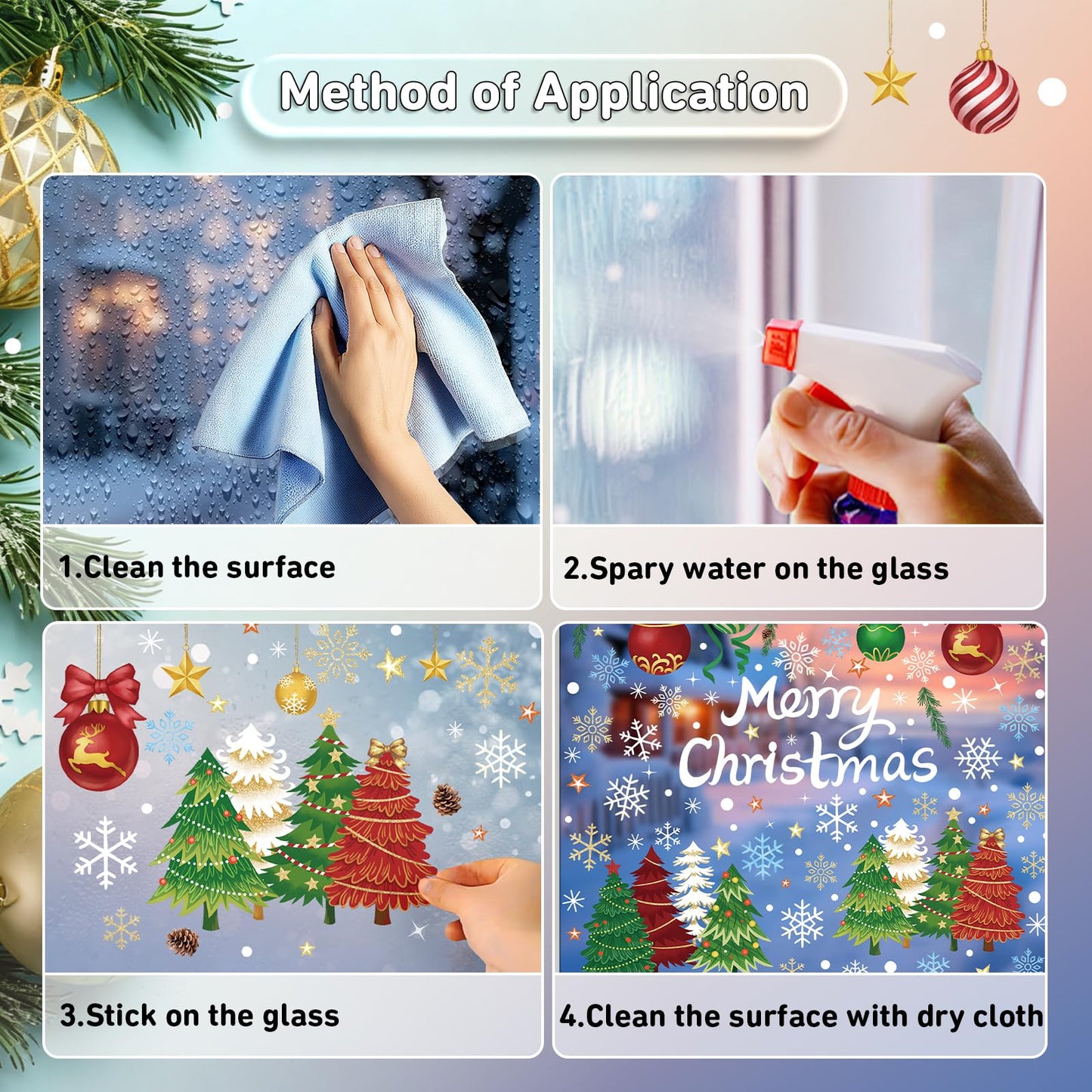 Merry Christmas Window Clings - 5 Sheets 173 Pcs Winter Holiday Window Stickers Christmas Tree Pine Branches Snowflake Decal for Glass Windows for Xmas Classroom Home Office Shop Display