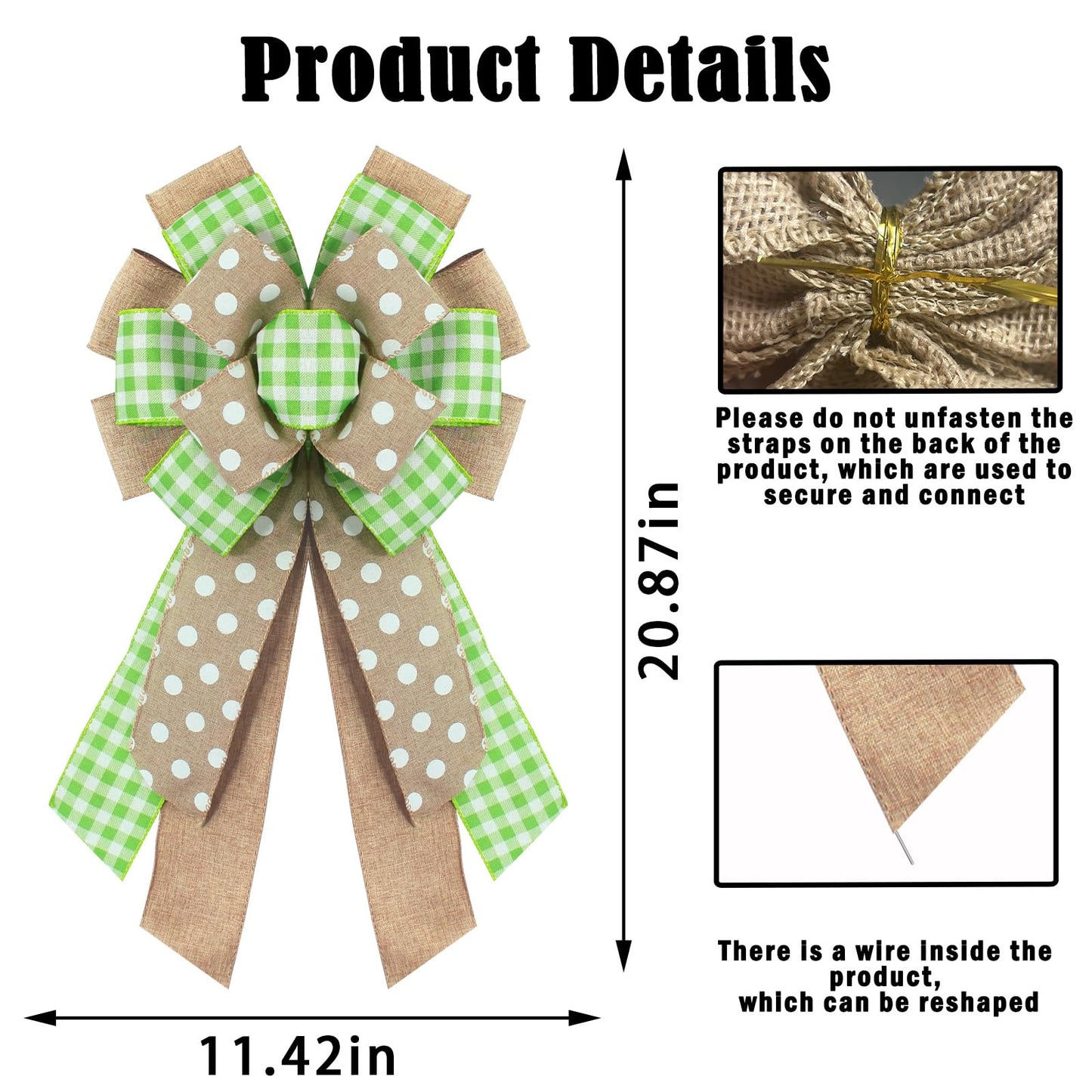 chmacura Spring Wreath Bow for Front Door, Natural Green Dots Bows Green Buffalo Plaid Craft Bow Birthday Easter Tree Topper Ornament Bow for Home Easter Decorations Supplies