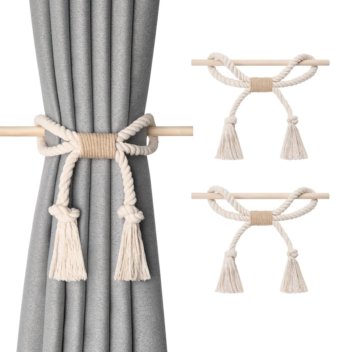 NICEEC 2 Pack Natural Cotton Rope Curtain Tiebacks Boho Rustic Style Decorative Drape Tie Backs Farmhouse Hand-Woven Rope Curtain Holdbacks with Wood Club for Home & Office Drapery (Cotton knot-Beige)