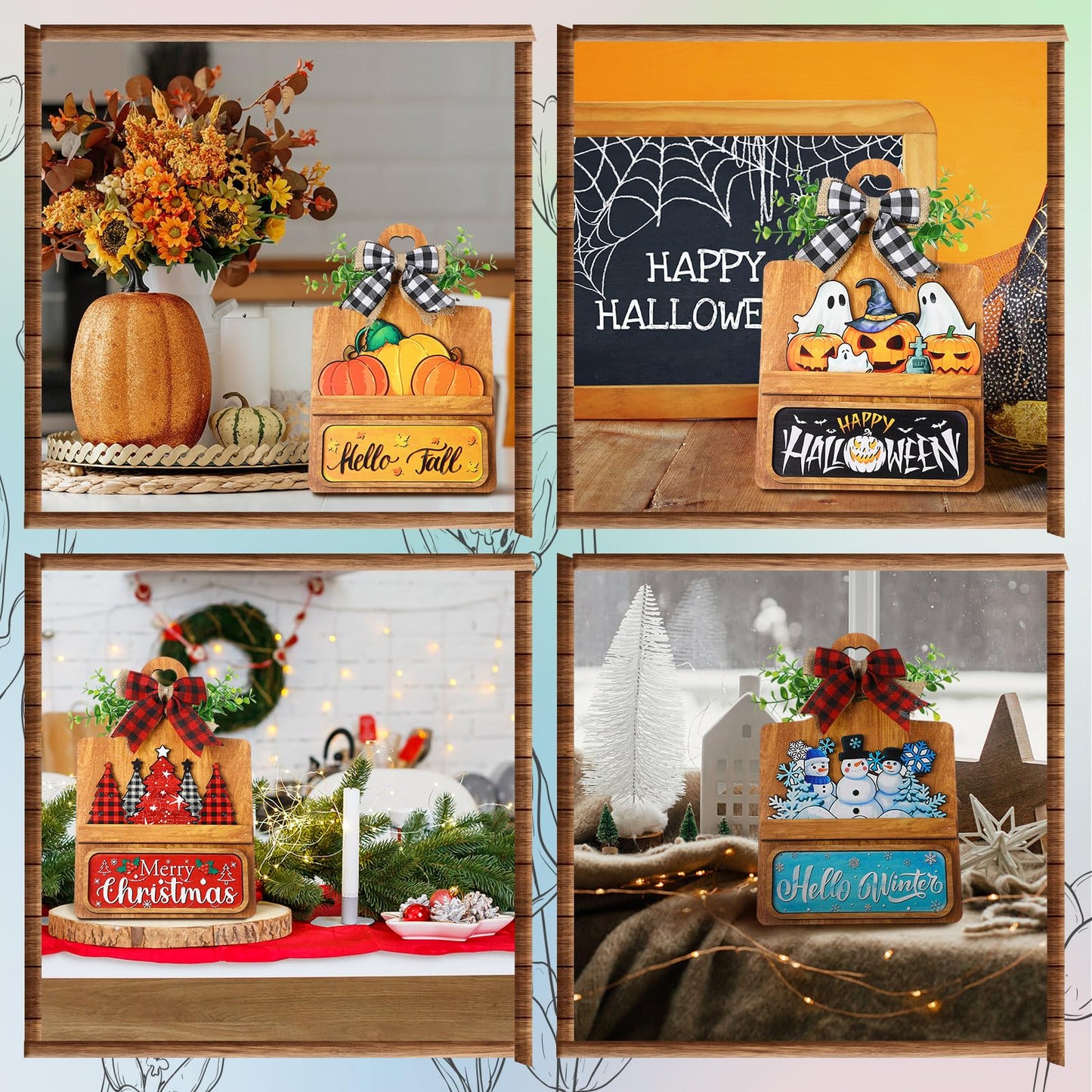 GlikCeil 37 Pcs Interchangeable Seasonal Decor Farmhouse Breadboard Interchangeable Seasonal Tier Tray Decor Holiday Halloween Thanksgiving Christmas Wooden Decoration with Bow for Table Kitchen