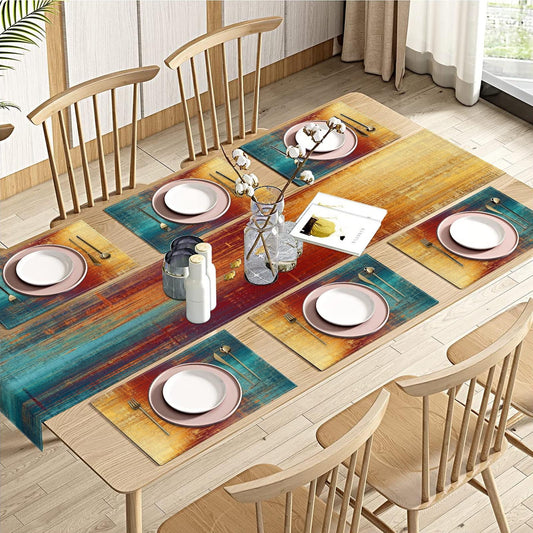 Emvency Blue Orange Table Runner and Placemats Set of 6, Vintage Abstract Messy Rust Painting Art Dining Decor for Daily Use(1 Table Runner 72 inches Long and 6 Placemats)