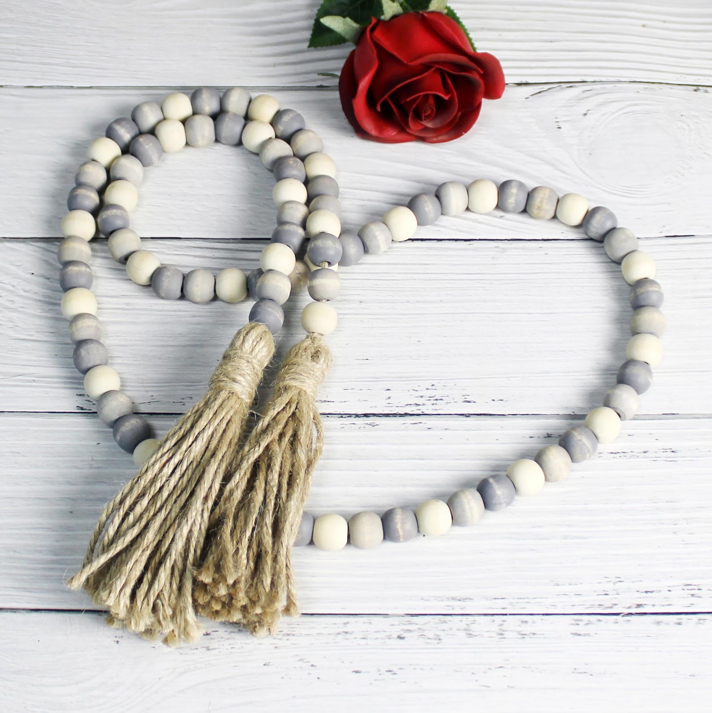 CVHOMEDECO. Wood Beads Garland with Tassels Farmhouse Rustic Wooden Prayer Bead String Wall Hanging Accent for Home Festival Decor. Grey Mix Distressed