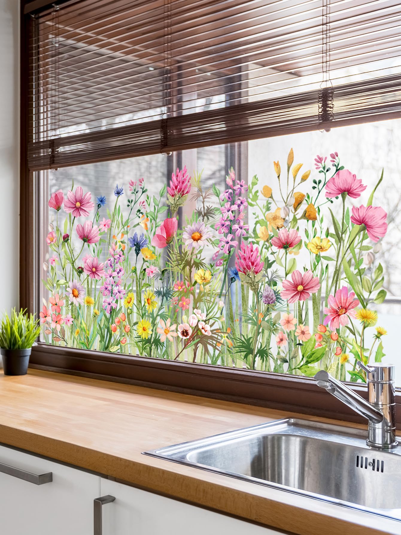 Colorful Wildflower Double-Sided Visual Window Stickers - Spring Summer Botanical Grass Decals PVC Static Cling Peel & Stick Removable Art Decals for Window Mirror Door,30 cm x 60 cm