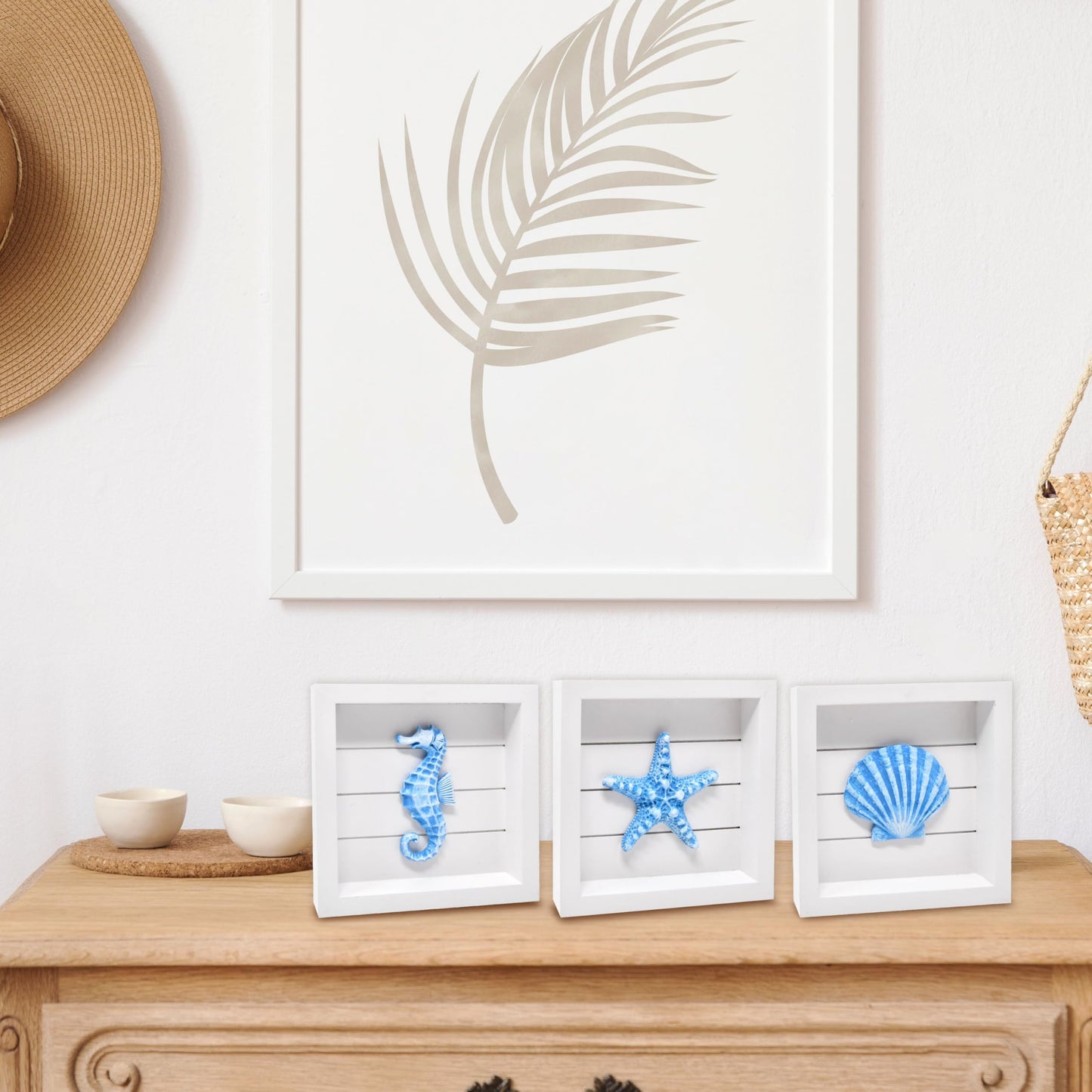 Blue Starfish Seashell and Seahorse (Framed Set of 3) Coastal 3D Wall Art, Beach Wall Decor for Bathroom Bedroom or Beach House Ocean Inspired Seaside Decorations