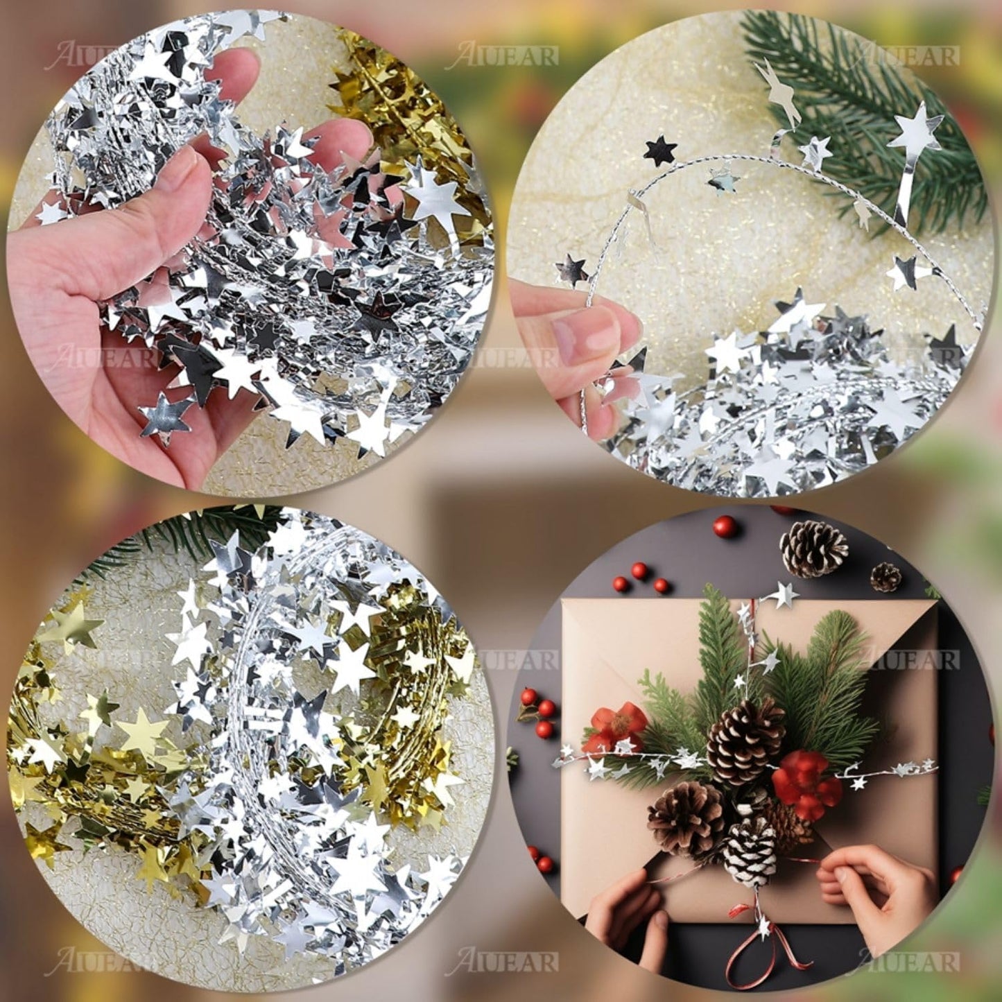 AUEAR, 2 Rolls 50 Ft Silver Sparkly Star Tinsel Garlands with Wire Christmas Decorations for Xmas Tree Home Wedding Birthday Party Festive Ornament