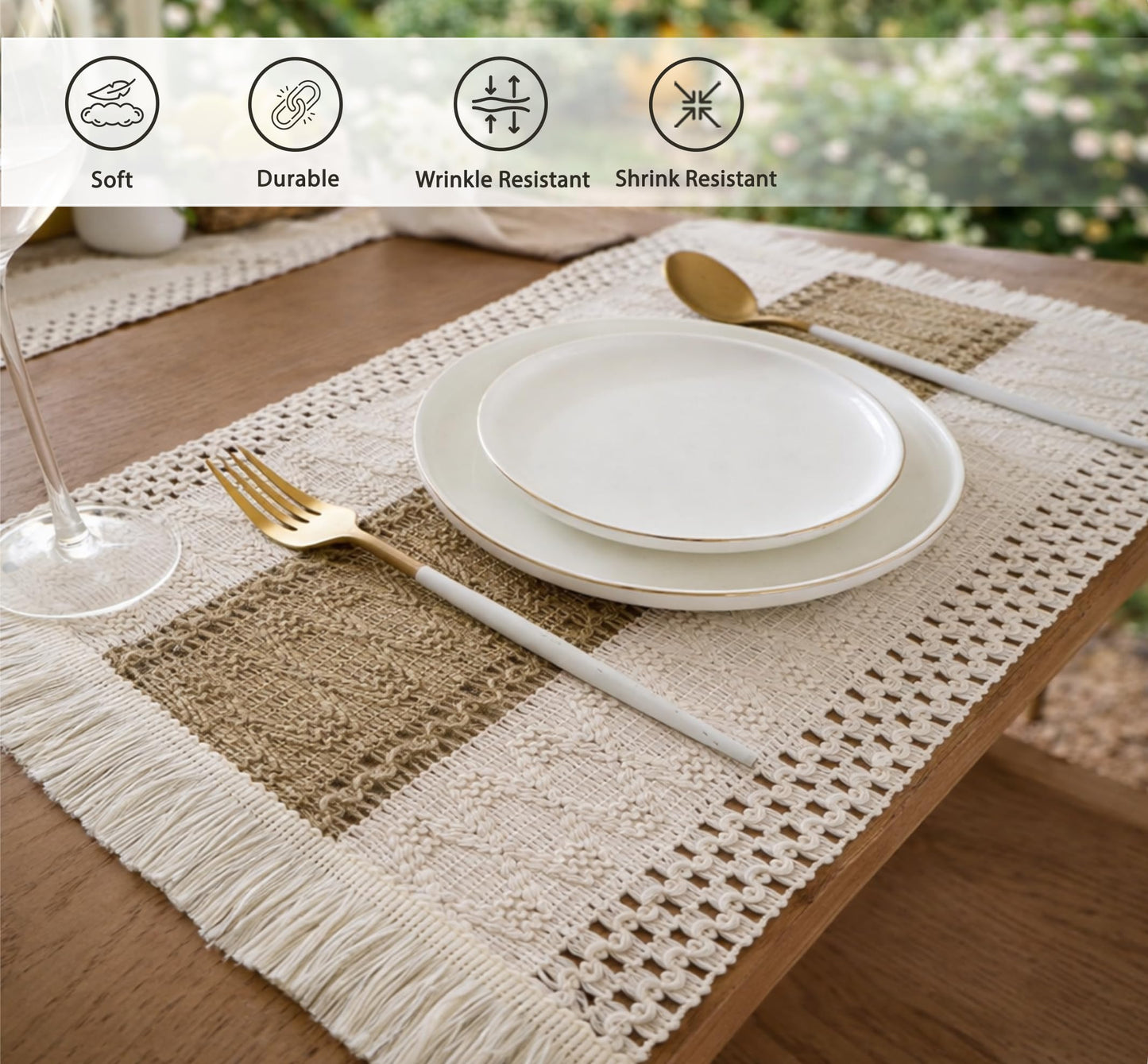 Ruvanti Cloth Placemats Set of 6 – 17.5"x12" Blend of Cotton, Polyester & Jute, Woven Placemats Washable Fabric, Table Mats Perfect for Farmhouse Kitchen, Parties, Holidays - Tobacco Band