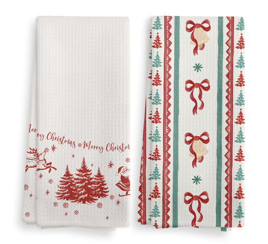 NOQL Vintage Retro Christmas Santa Decor Kitchen Towels and Dishcloths Set of 2, Secret Santa Gifts, Christmas Jingle Bells Bow Drying Cloth Hand Towels Tea Towels for Bathroom Kitchen, 16×24 Inches