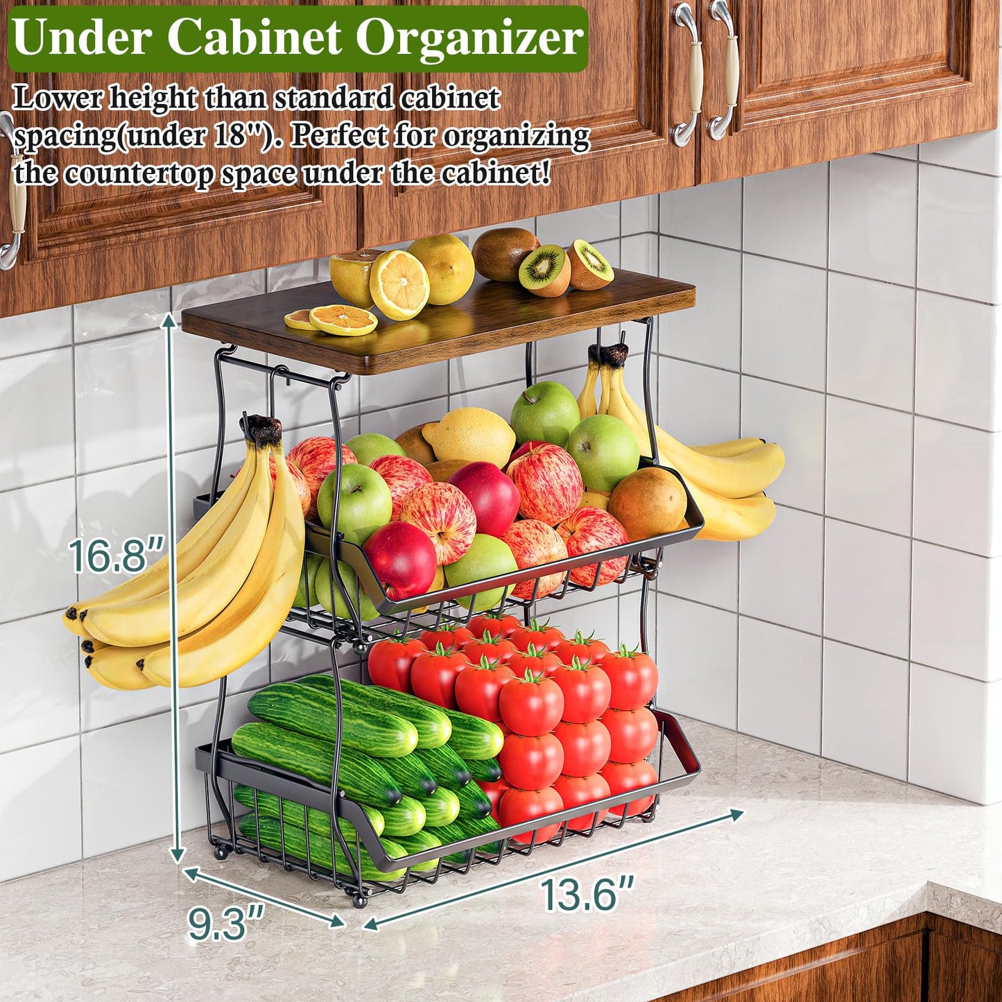 OKZEST 3-Tier Fruit Basket for Kitchen Counter with Banana Hangers, Countertop Organizer Fruit Bowls with Wood Top, Fruit Storage Basket Stand for Storage Potato Onion Bread Snack Fruit Veggie