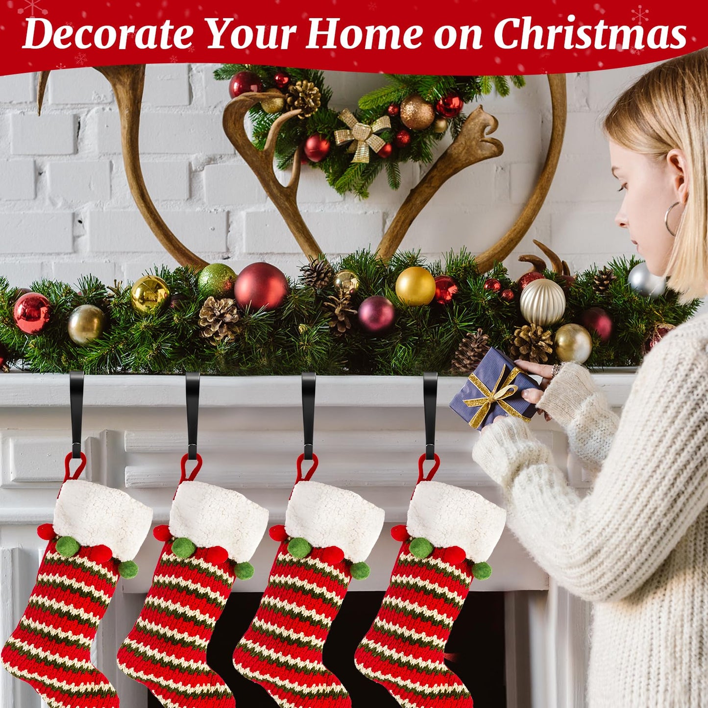 Christmas Stocking Holders for Mantle Set 4, Non-Slip & Scratch-Free Stocking Holder for Fireplace Christmas Decorations, Upgrade Lightweight Mantle Stockings Hangers Hooks for Xmas Decor (Black)