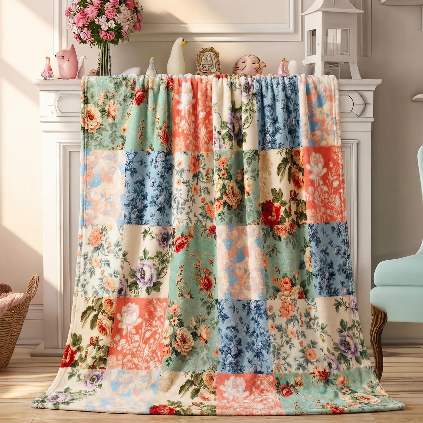 Hahafelt Boho Pastel Floral Throw Blanket Ultra Soft Fleece Patchwork Blanket for Couch and Bed Holiday Theme Cozy Throw Decoration Warm Gift for Spring Summer, 50 x 60 Inches