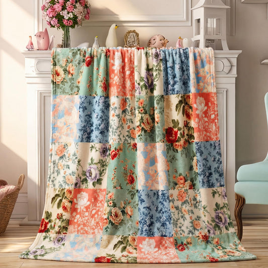 Hahafelt Boho Pastel Floral Throw Blanket Ultra Soft Fleece Patchwork Blanket for Couch and Bed Holiday Theme Cozy Throw Decoration Warm Gift for Spring Summer, 50 x 60 Inches