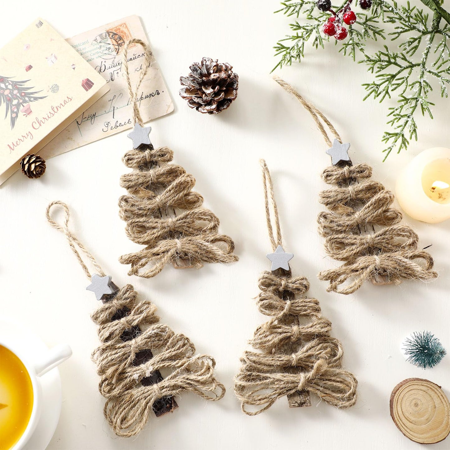 Soulchen 12 Pieces Twine Christmas Tree Ornaments Funny Farmhouse Christmas Tree Ornaments Rustic Xmas Decorations Natural Jute Hanging Decors for Xmas Party DIY Crafts Home Decor