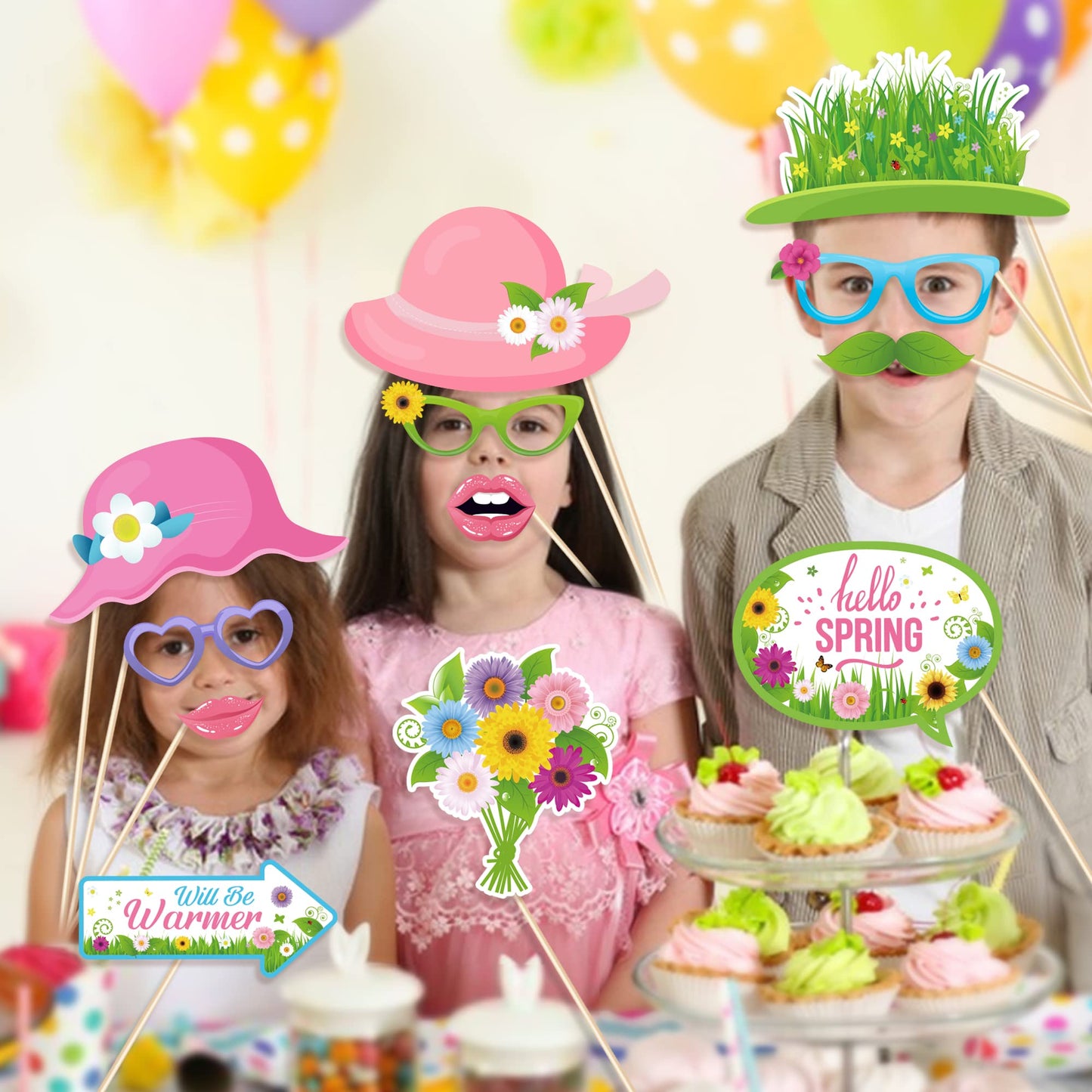Spring Photo Booth Props with Sticks,Flowers Photo Booth Props,Spring Party Decorations (25CT)