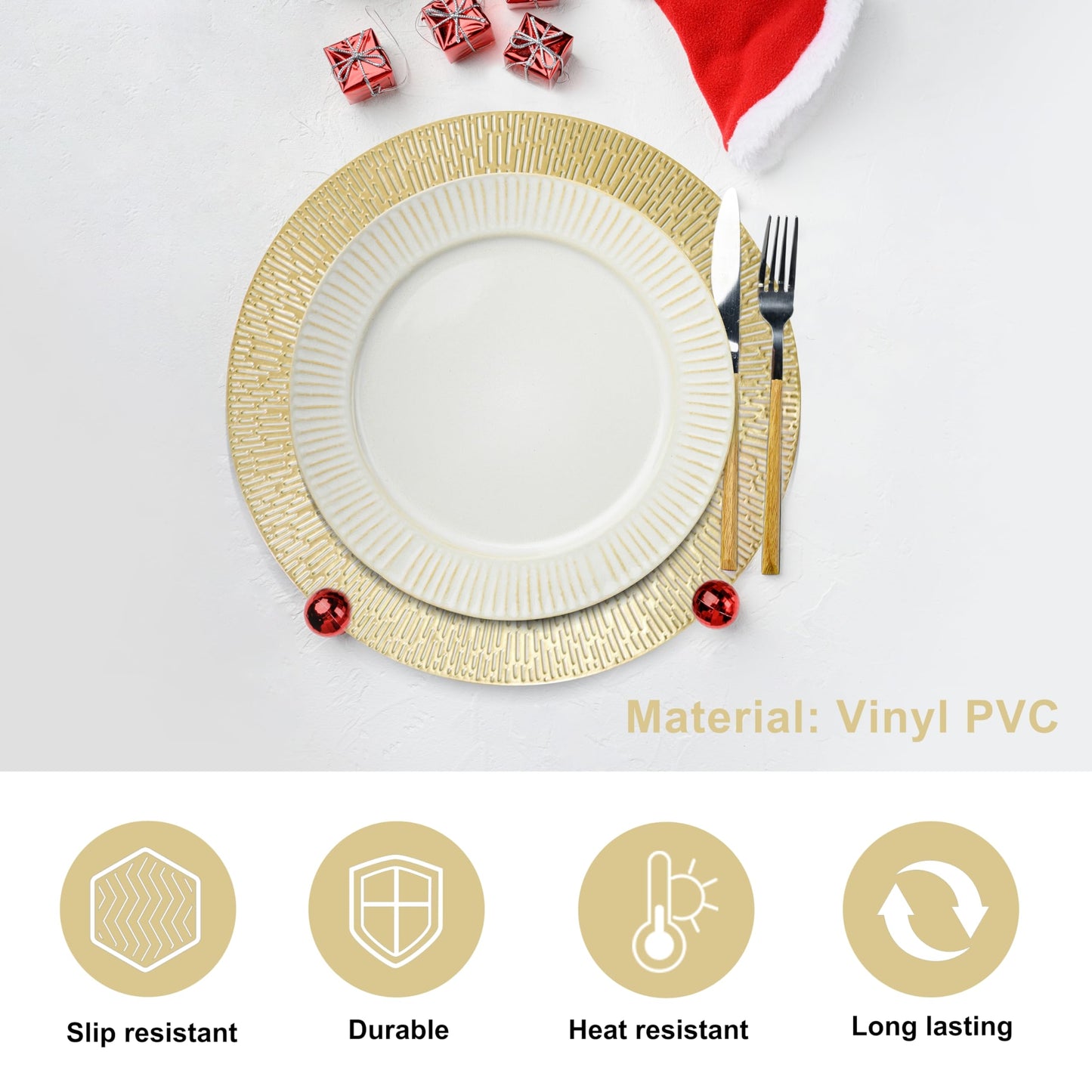 Round Placemats Gold Metallic Set of 6 Vinyl Hollow Placemats 15 Inch, Washable Easy Clean Wipeable Non Slip Stain Heat Resistant Dining Table Place Mats for Wedding Party Decoration by Snowkingdom
