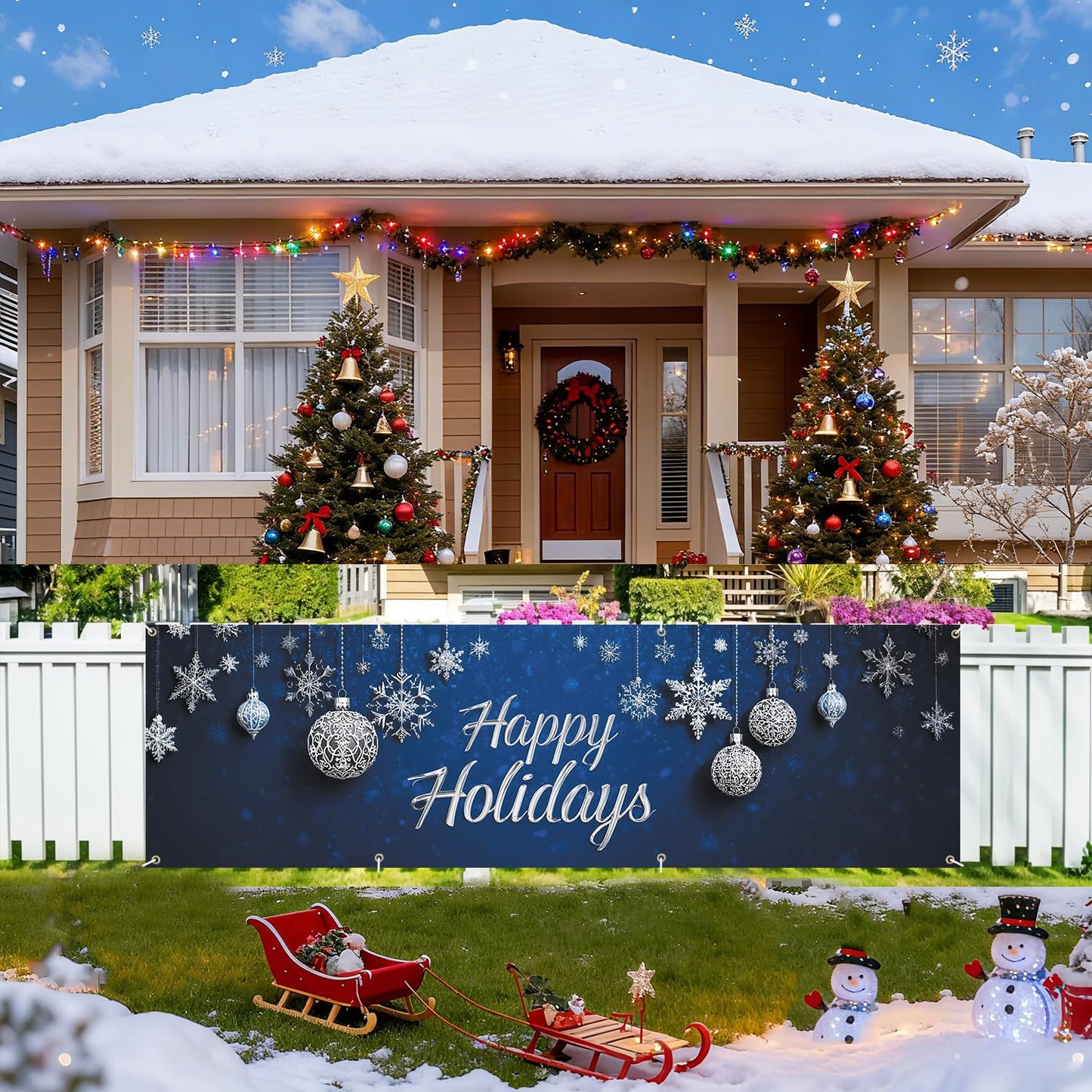 Happy Holiday swith Snowflakes and Ornaments Banner 10x3 Ft - Outdoor Christmas Decor with Interactive Illusion of Santa Emerging, Fun Holiday Display
