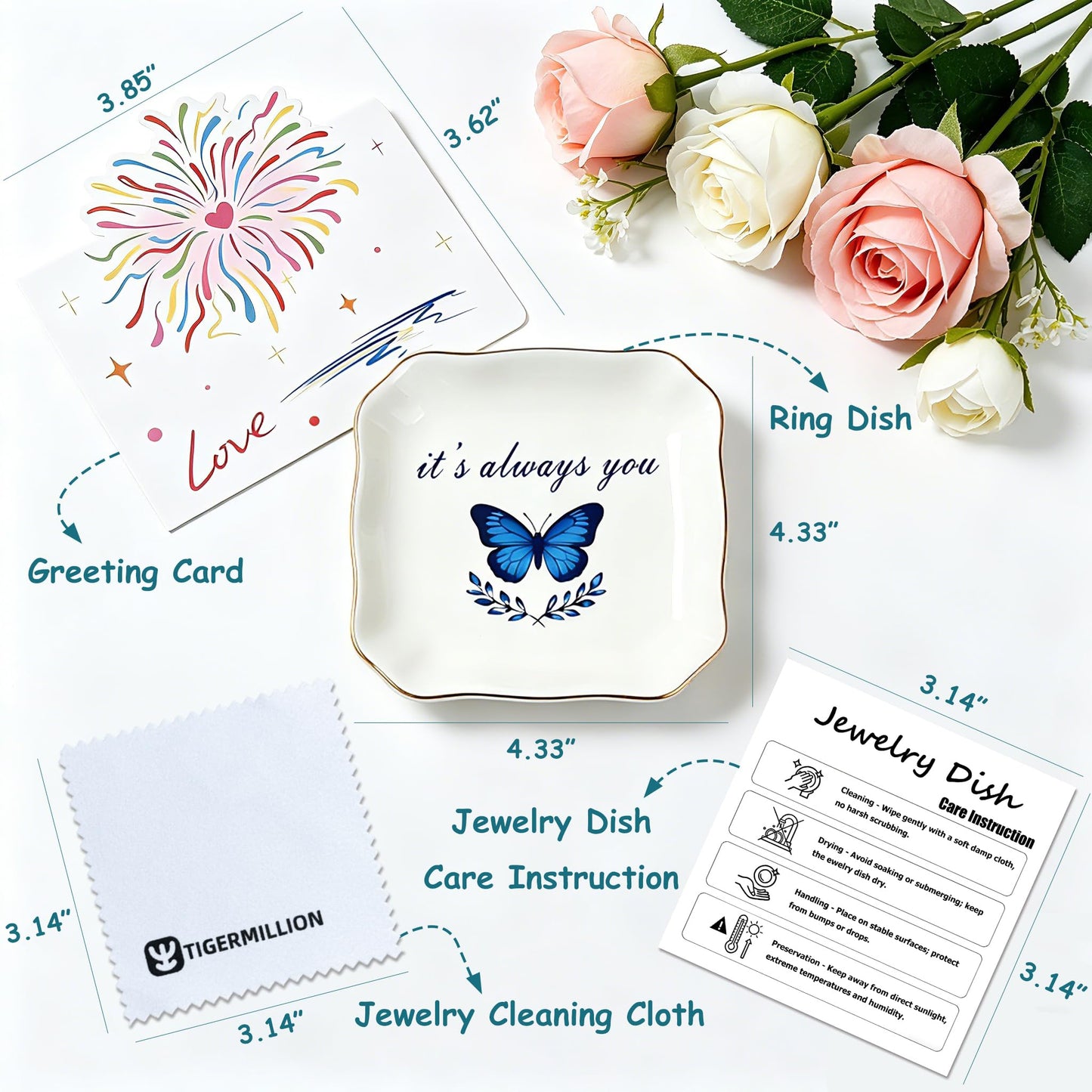 Ceramic Jewelry Tray, Decorative Blue Butterfly Trinket Dish for Rings Earrings Necklaces Bracelet Watch Keys, "It's Always You" Jewelry Dish Birthday Mother's Day Christmas Romantic Gift for Women