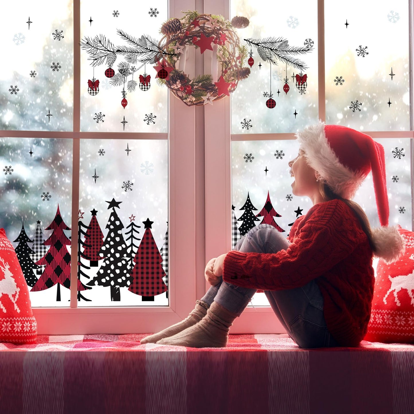 Qeeenar 3 Sheets Christmas Wall Decals Christmas Window Cling Sticker DIY Xmas Tree Stickers Removable Wall Stickers for Winter Living Room Xmas Holiday Decoration(Cute Style)