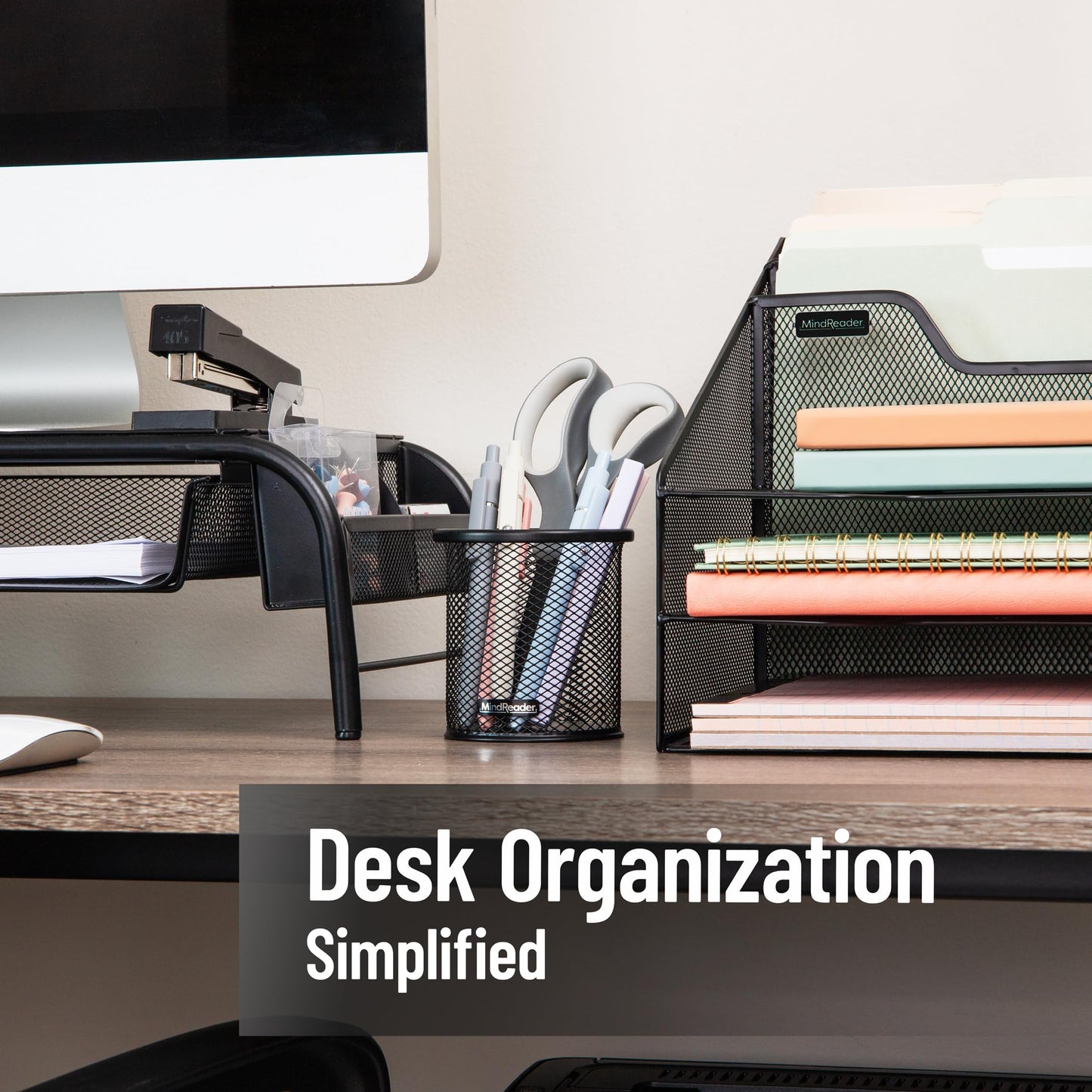 Mind Reader Pen and Accessories Holder, Desktop Organizer, Office, Metal Mesh, 3.5"L x 3.5"W x 3.75"H, Set of 3, Black
