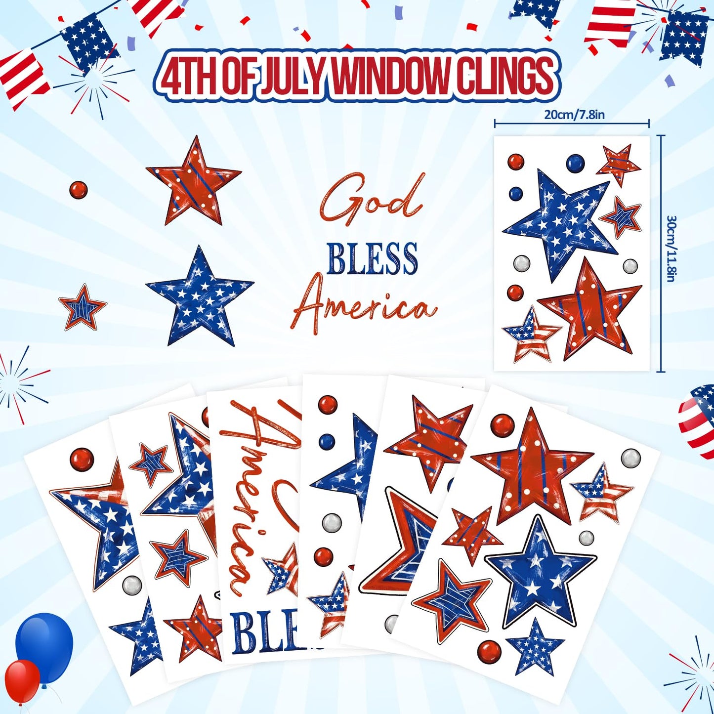 Patriotic Window Clings Red Blue Stars God Bless America Window Stickers Double-Side Glass Decals for Home Office School Independence Day Party Decor,6 Sheets