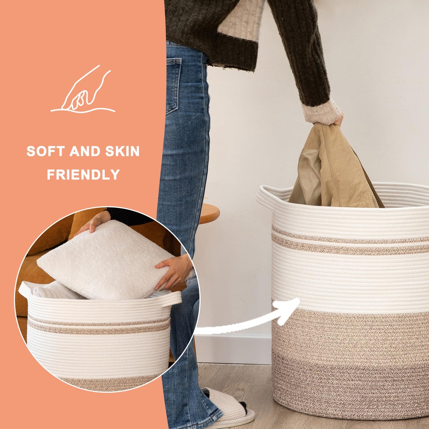 OIAHOMY 80L Laundry Baskets Hamper with Handles,Decorative Basket for Living room,Woven Storage Basket for Toys Bin,Pillows, Blankets,Clothes-20x18in-Gradient Yellow