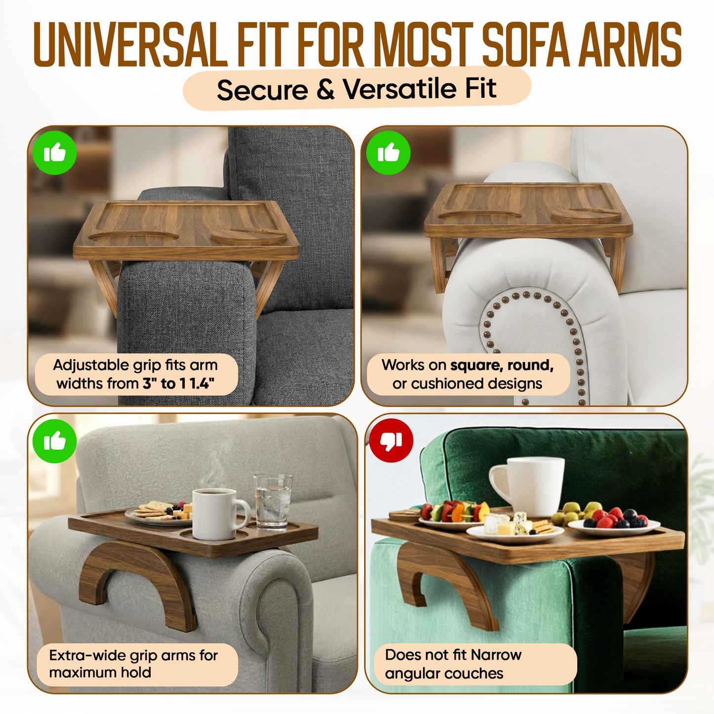 Motovatec Acacia Wood Sofa Arm Tray - 3-in-1 Couch Arm Table with Phone Holder, Cup Placer & Foldable Tray - Armrest Clip-On Design for Couch with 360° Rotated Phone Holder