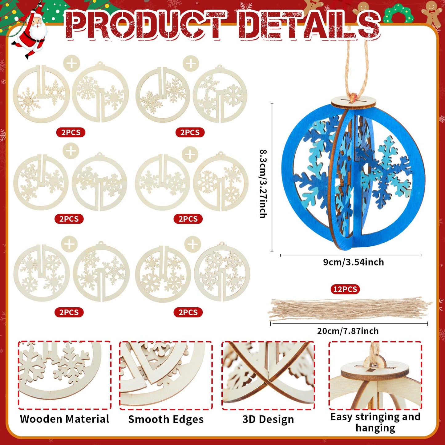 Chunful 24 Pcs DIY Christmas Wooden Ornaments 3D Unfinished Wood Crafts to Paint Christmas Hanging Cutouts Blank Hollow Wood Santa Reindeer Snowman Slice for Xmas Tree Decorations(Snowflake)