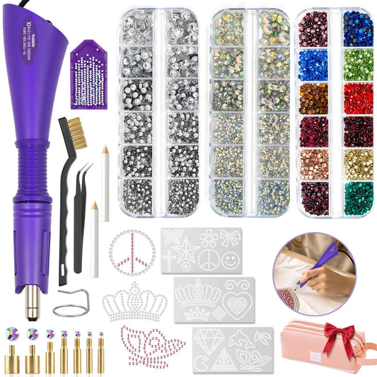 Hotfix Rhinestones Applicator Kit with 4600 Crystals (White/AB/12-Color) & 19 Pattern Templates - Bedazzler Craft Kit Includes Tweezers, Storage Bag for Clothes, Costumes DIY Accessories (Purple)