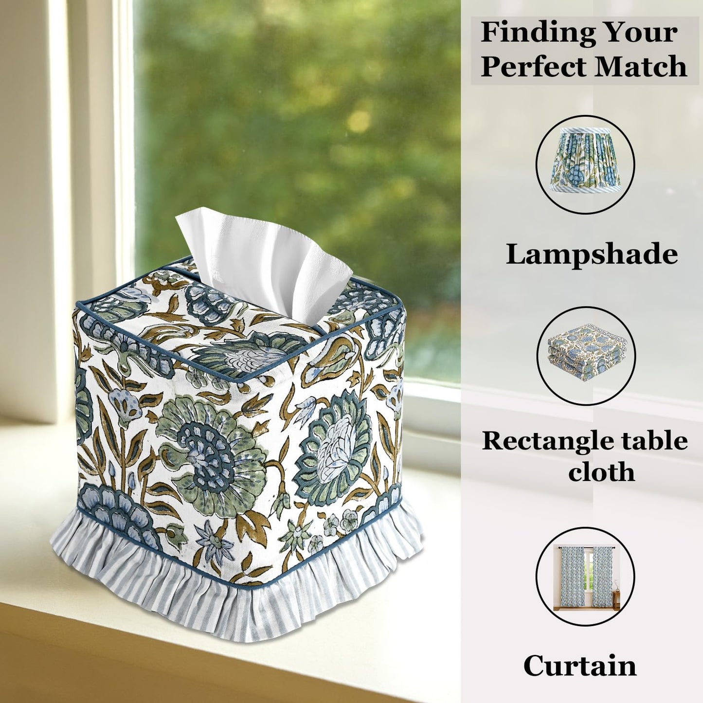 Ridhi Asparagus Green Block Print Ruffle Tissue Box Cover Handmade Cotton Decorative Square Napkin Holder for Home Bedroom Living Room Bathroom Vanity Countertop Car Office Kitchen