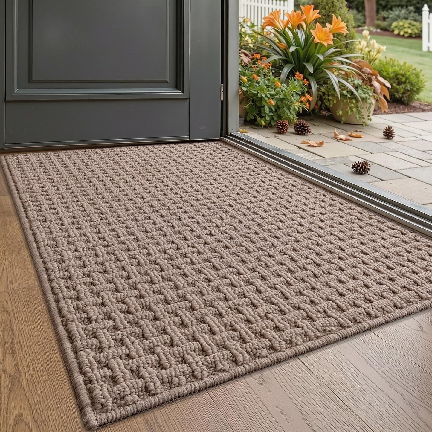 LUMI Washable Door Mat Indoor Entrance 17x30, Dirt Trapper Front Door Mats with Absorbent Interior and Non-Slip Rubber Backing, Entryway Doormat, Beige