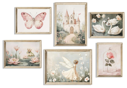 6Pc Coquette Wall Art Pastel Pink Trendy Posters Wall Decor White Swan Butterfly Frog Painting Pictures Castle Elf Aesthetic Floral Canvas Prints for Nursery Teen Girls Bedroom College Dorm Unframed