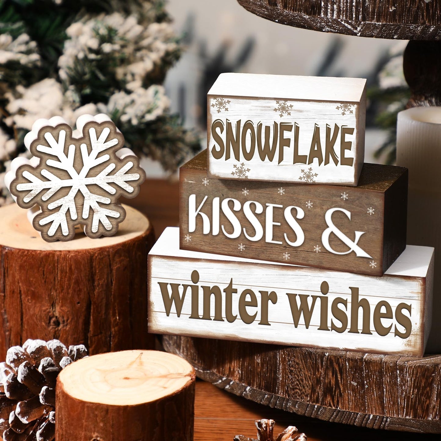 Huquary 4 Pcs Winter Table Decorations Snowflake Tiered Tray Decor Baby It's Cold Outside Sign Christmas Centerpiece Snow Block Signs Table Decor Winter Tabletop Signs(Warm Style)