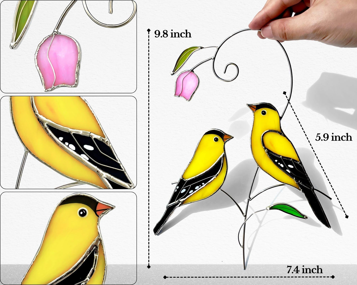 Iricrist Goldfinch (1 Pair) Stained Glass Birds Suncatcher for Mom, Grandma, Women - Real Glass Window Hanging Ornament - Handmade Bird Lover Home Decor (Gifts Ready Packaging)