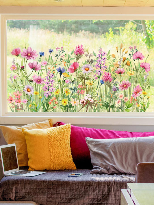 Colorful Wildflower Double-Sided Visual Window Stickers - Spring Summer Botanical Grass Decals PVC Static Cling Peel & Stick Removable Art Decals for Window Mirror Door,30 cm x 60 cm
