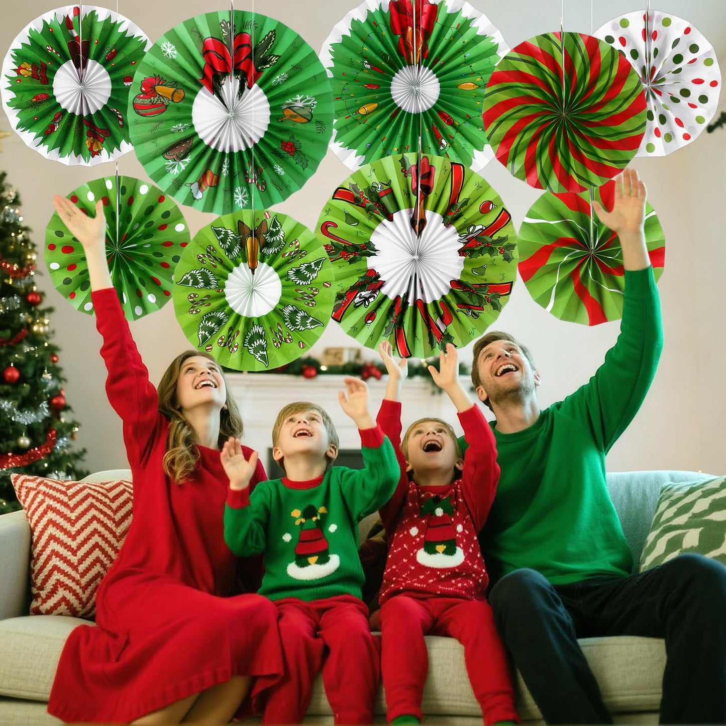 Outus 9 Pcs Christmas Hanging Decorations Candy Paper Fans Peppermint Classroom Christmas Decorations Party Ceiling Wall Hanging Decor Red Green Elf Bulb Wreath Gift Box Winter Holiday Birthday