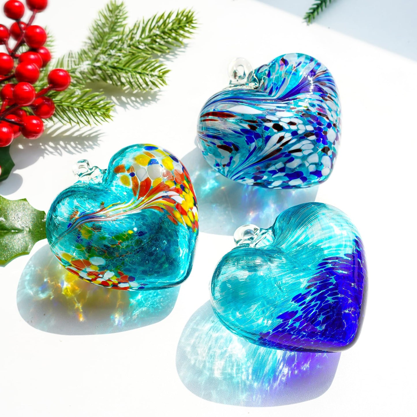 Set of 3 Handmade Glass Heart Ornaments 3.9 Inch Blue Friendship Heart Decor for Garden Home Centerpiece Gifts for Women