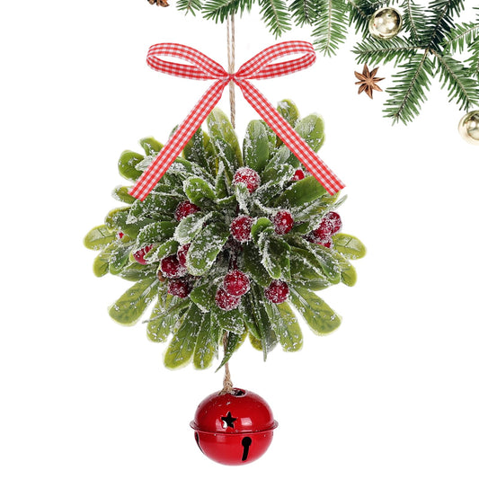 Forwe Mistletoe Christmas Decor Artificial Mistletoe Kissing Ball Ornament with Bell Bow Berries Hanging Christmas Decorations for Doorway Arch Light Fixture Xmas Tree (Red)