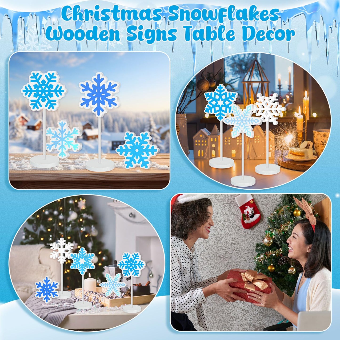 Geelin 10 Pcs Wooden Snowflake Table Decor Winter Decoration Snowflakes Table Centerpiece Standing Snowflakes Tabletop Signs Tabletop Gift for Winter Holiday Wonderland Home Desk Party Decoration