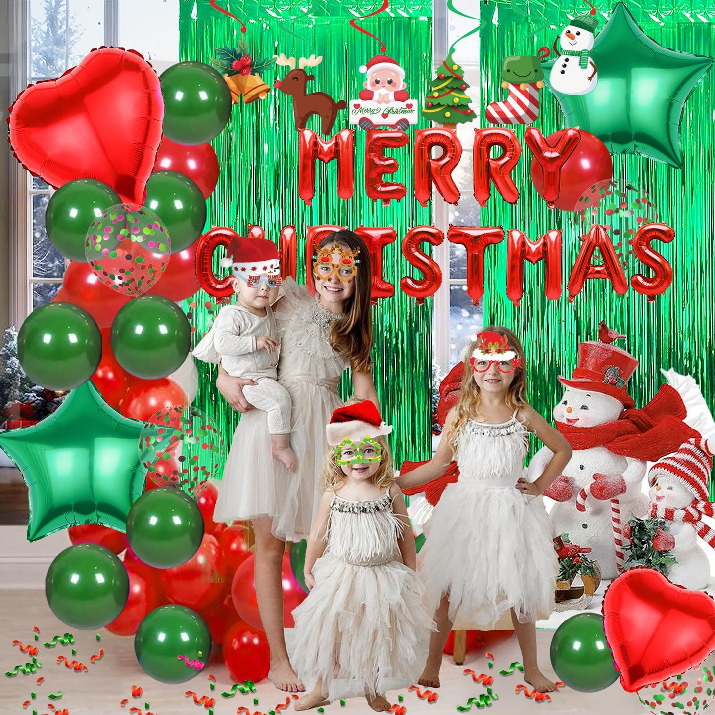 Red Green Christmas Decorations with Green Fringe Curtains, Heart Stars Confetti Balloon, Merry Christma Foil Balloons, christmas Glasses Frames and Hanging Swirls for Xmas Party Supplies
