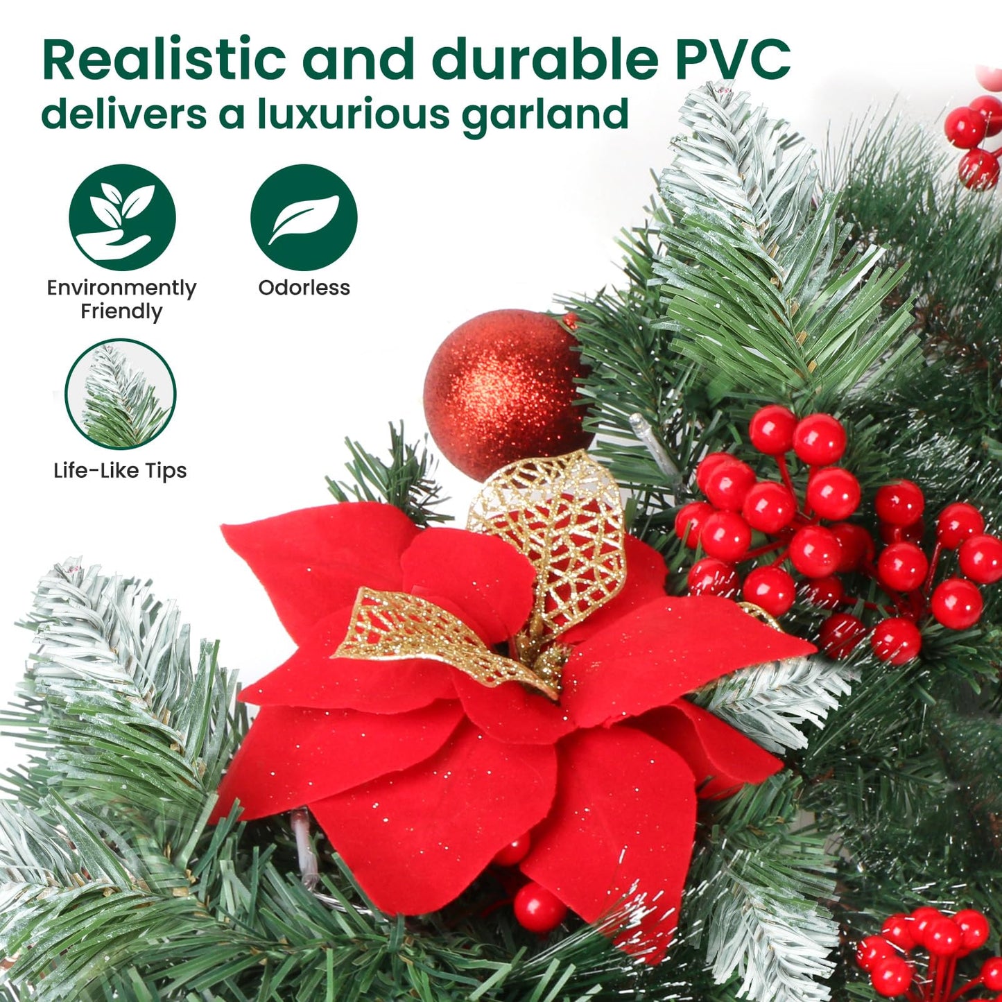 Christmas Garland with Lights, 9ft Battery Operated LED Garland with Timer, 30 Warm White LEDs, Waterproof Christmas Decorations for Indoor Outdoor Mantel, Stairs, Doorway, Window, Porch, Home