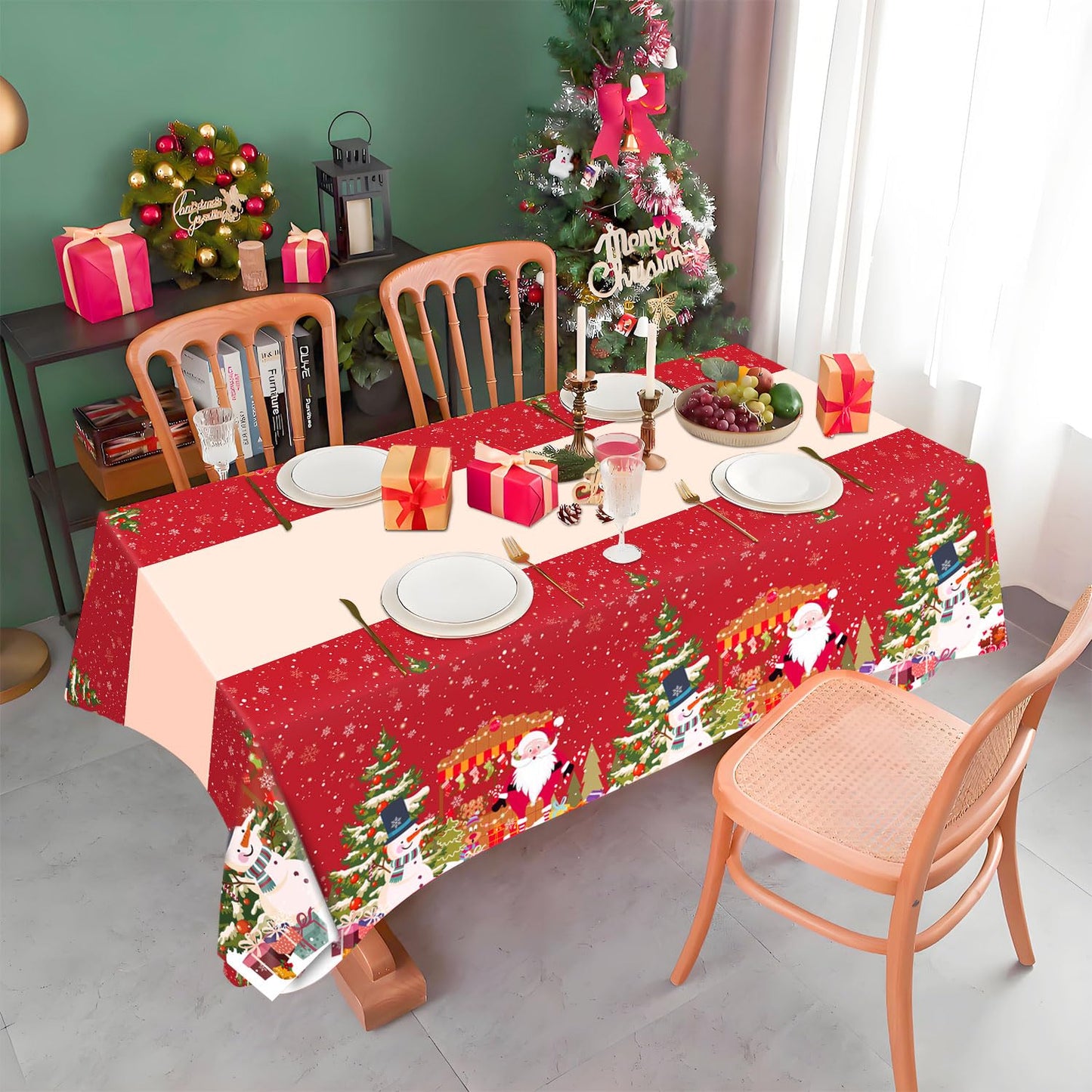 CartaChic Christmas Tablecloth Disposable 3 Pack – 54 x 108 Inch Red Plastic Christmas Snowman Table Cloth for Rectangle Tables，Xmas Decor Holiday Party Supplies