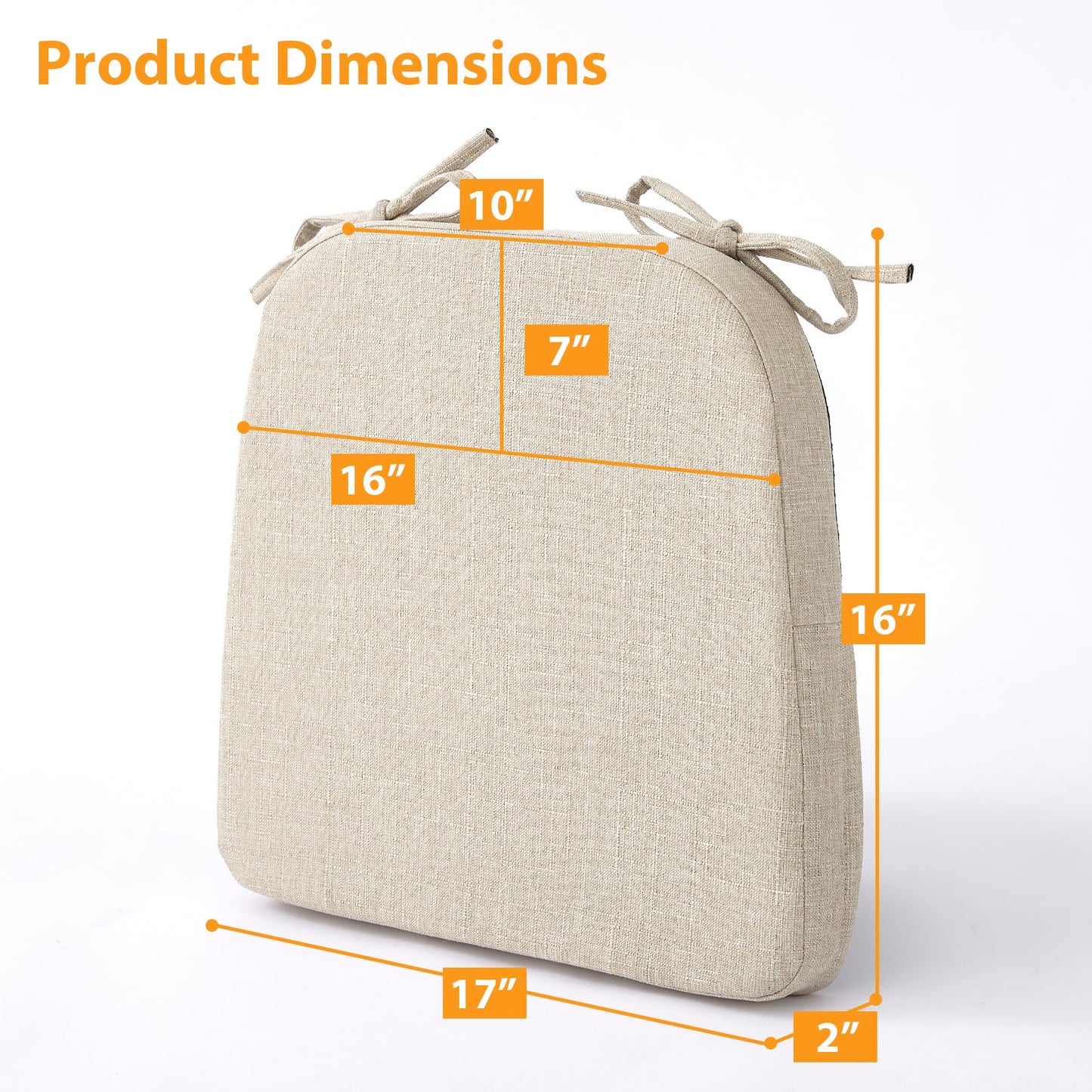 Ruqmuis Chair Cushions for Dining Chairs, 2" Thick Seat Cushions for Kitchen Chairs, D-Shaped Chair Pads with Washable Cover, Ties and Non Slip Backing, 17'' x 16'', Set of 4, Beige