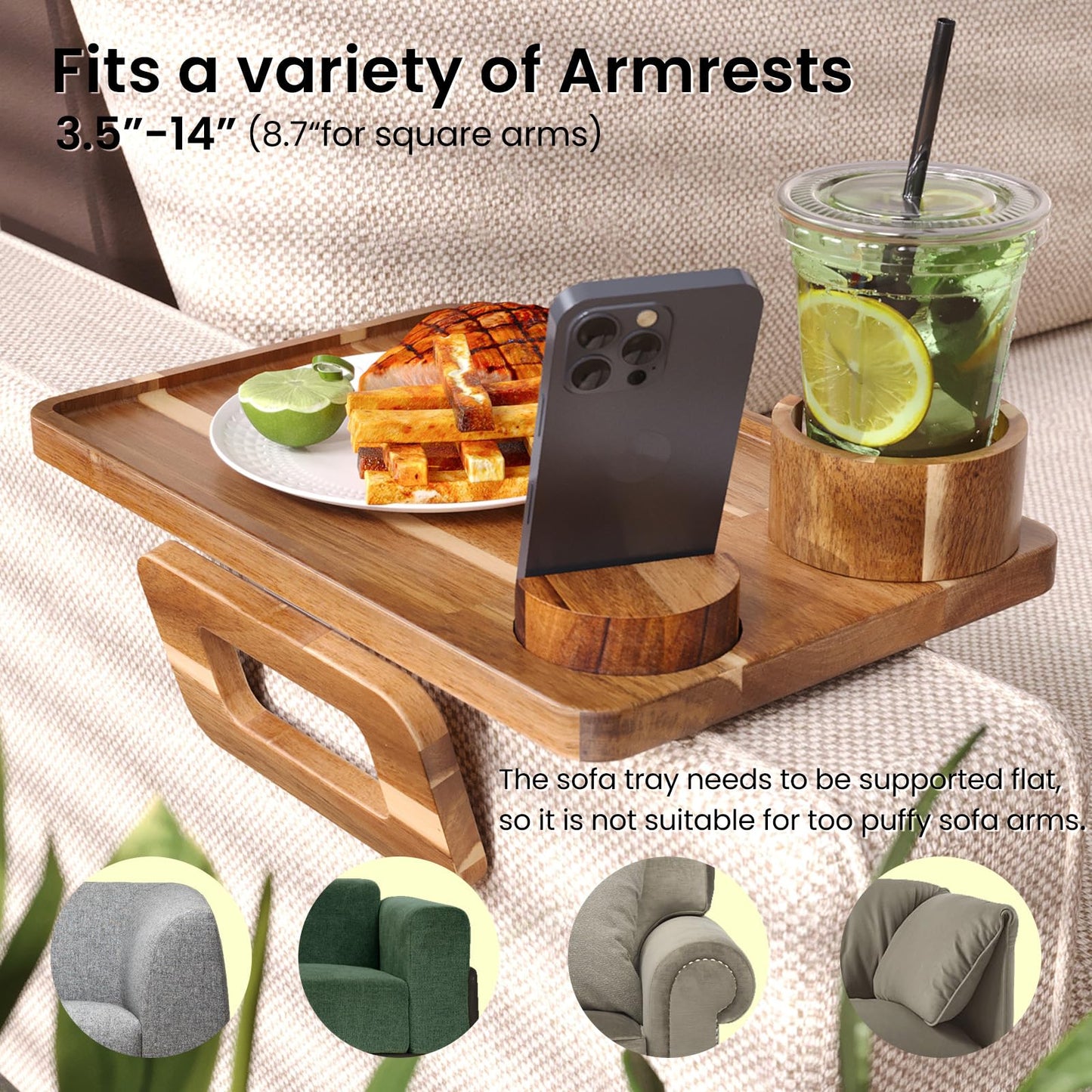 Danfoxer 3 in 1 Acacia Wood Couch Arm Tray,Couch Tray with Cup Holder and Phone Holder,Folding Sofa Armrest Trays Clip-On Sofas Desk for Drinks,Snacks,Phone,Remote Control